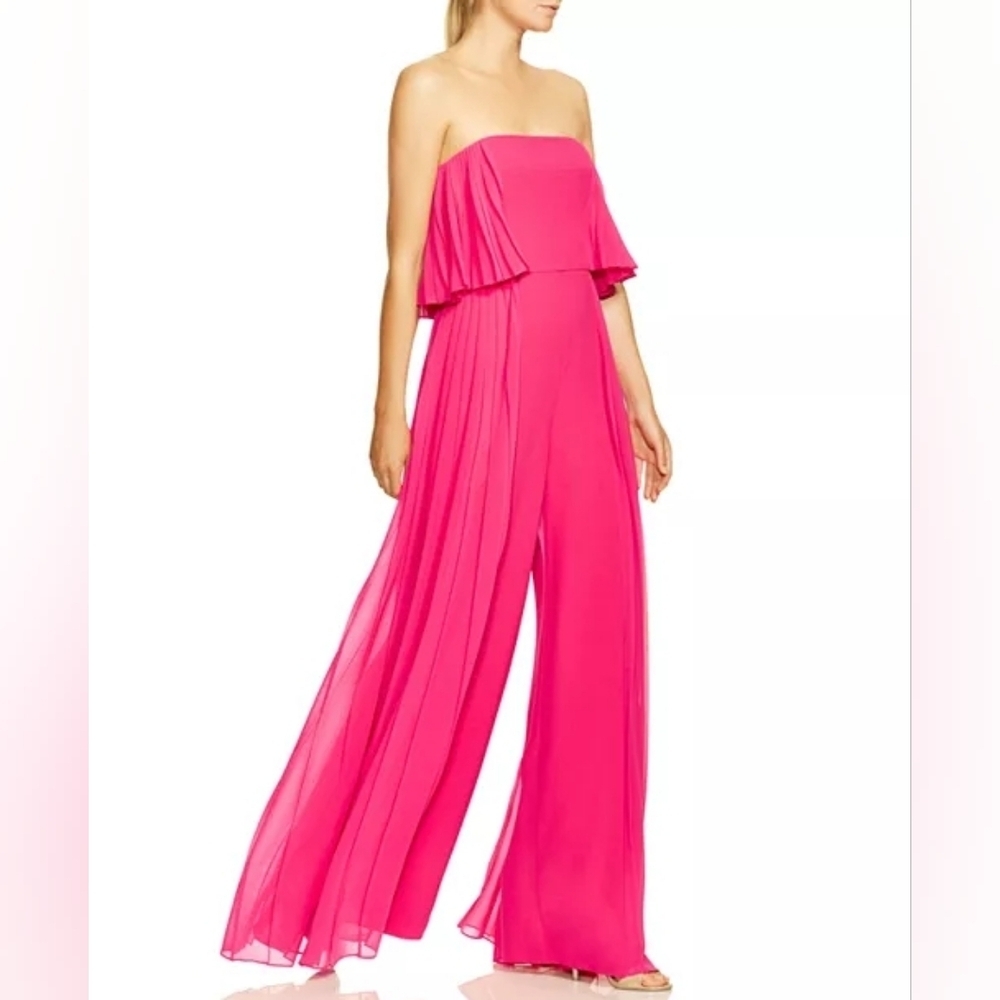 HALSTON HERITAGE Strapless Pleated Crepe fuschia Jumpsuit